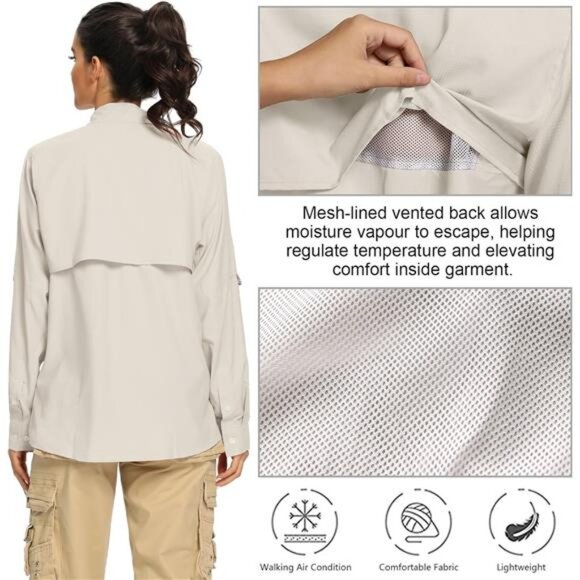 Women's UPF 50+ UV Sun Protection Safari Shirt, Long Sleeve Outdoor Cool Quick - Picture 4 of 7